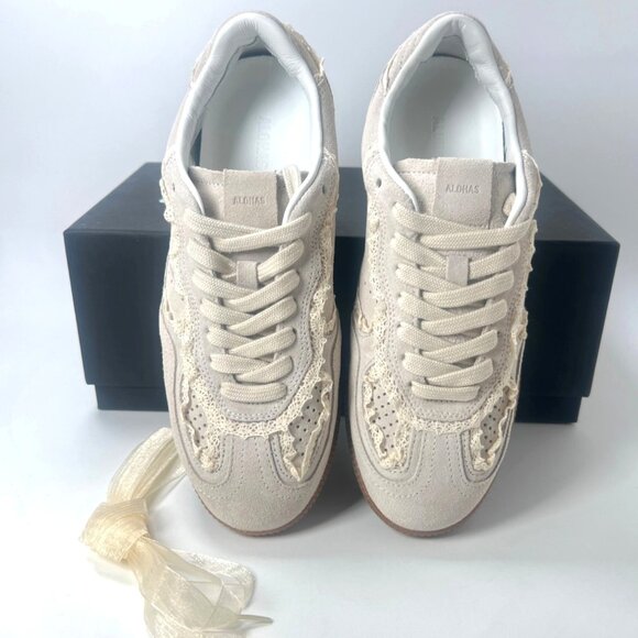 Alohas Crochet Lace Trim Sneakers Ivory Suede Shoes Women Size 37 US6.5 - Picture 4 of 11